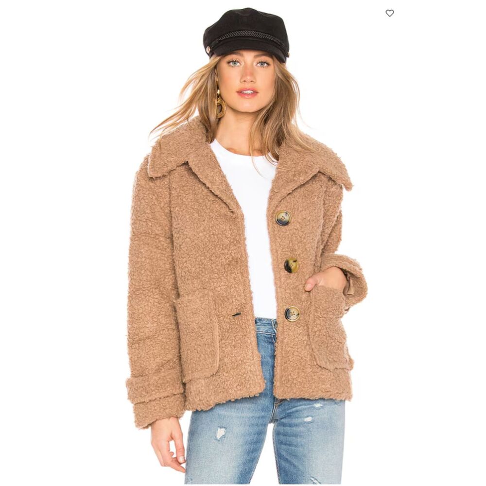Free People Brown Sherpa Button Front Peacoat Cozy Textured Jacket Women Sz S